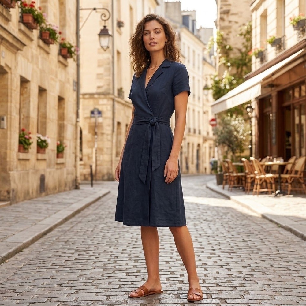 Bridge & Burn Navy Blue Cotton Linen Wrap Dress Short Sleeve Midi Small